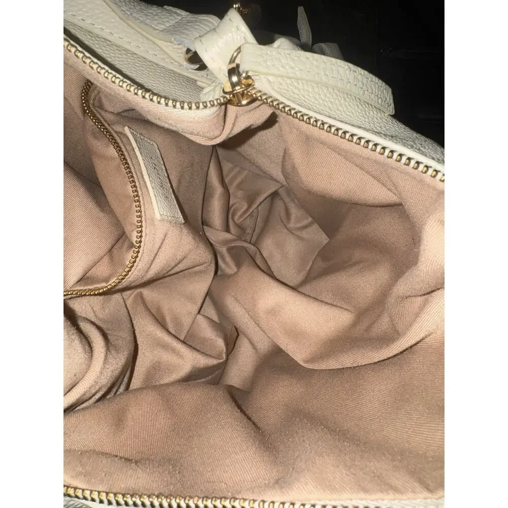 LAGGO Women's Pebbled Leather Shoulder Bag Designer Ivory Large Purse CLEAN!
